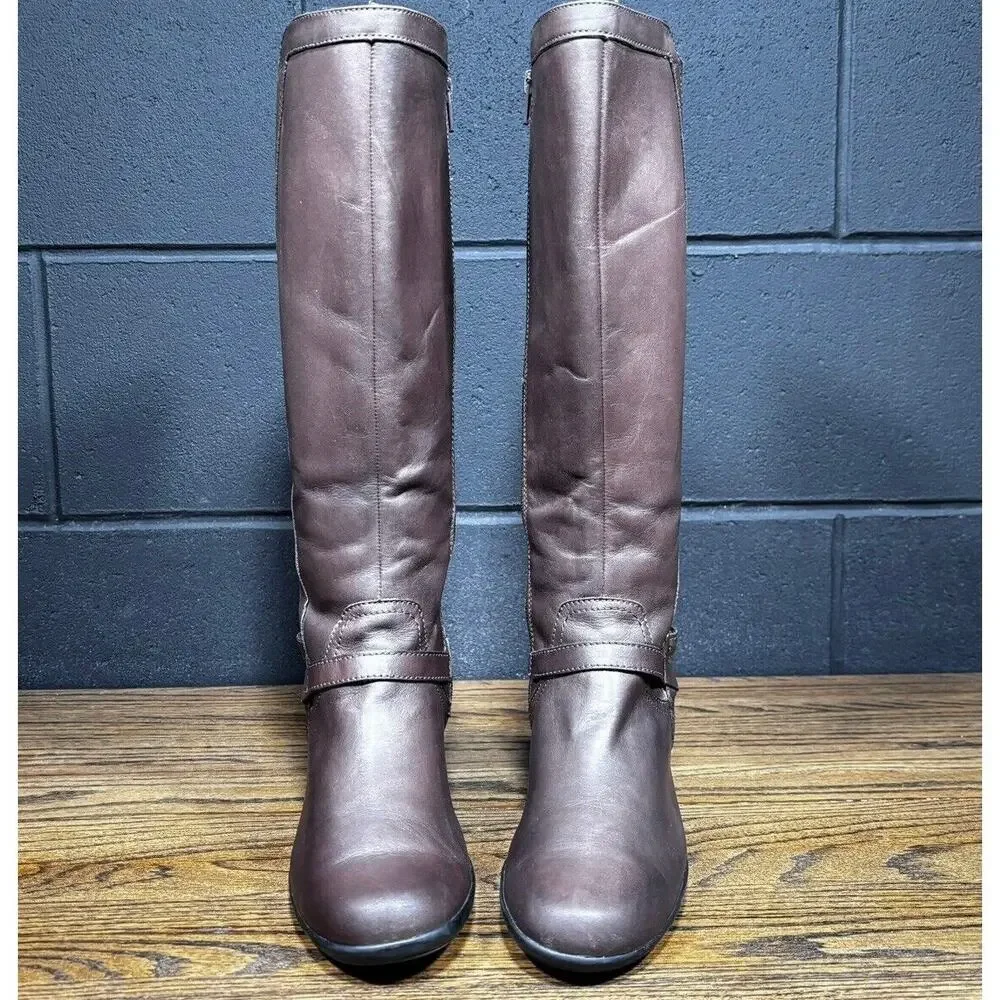 Clarks Bendables Knee High Riding Boots Women’s 8 Brown Leather Wide Calf Zip
